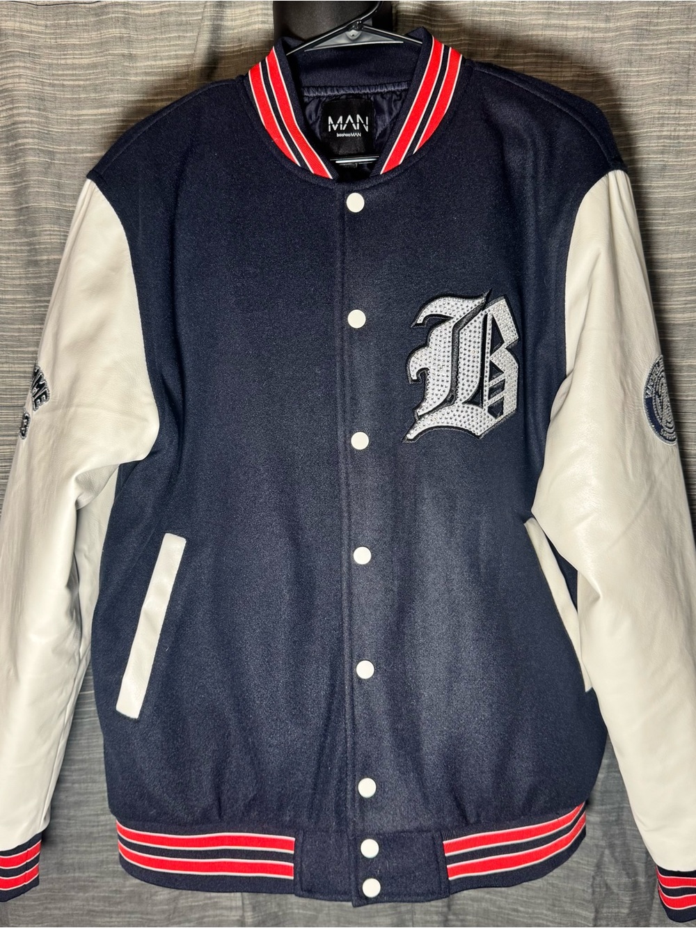 boohooMAN Baseball Letterman Jacket in Navy and White with Red Trim